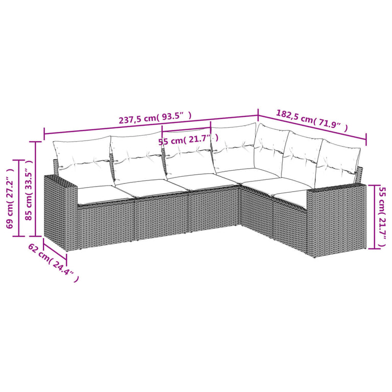 6-delige Loungeset met kussens poly rattan zwart