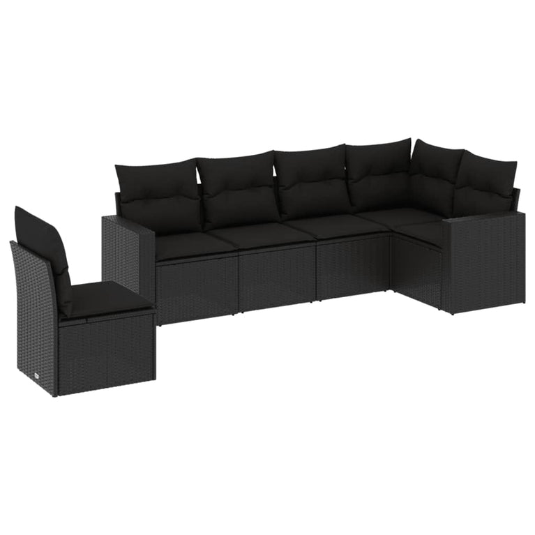 6-delige Loungeset met kussens poly rattan zwart