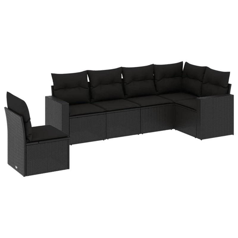 6-delige Loungeset met kussens poly rattan zwart