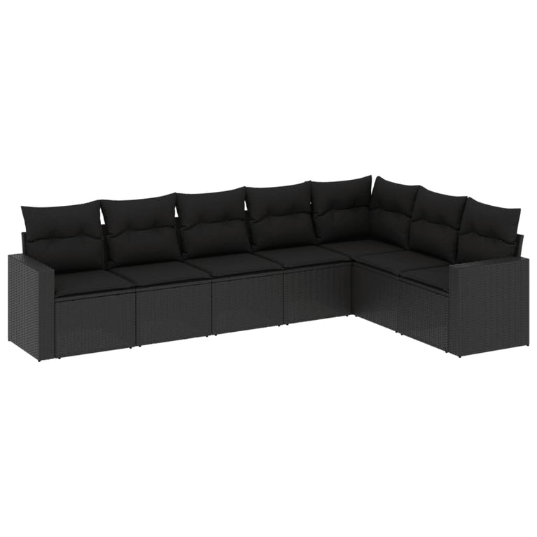 7-delige Loungeset met kussens poly rattan zwart