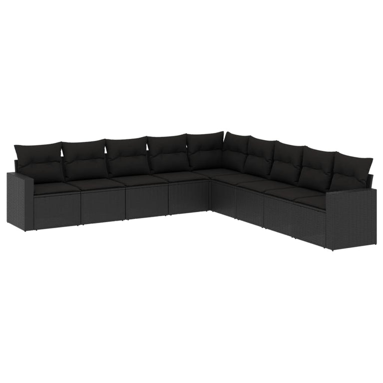 9-delige Loungeset met kussens poly rattan zwart