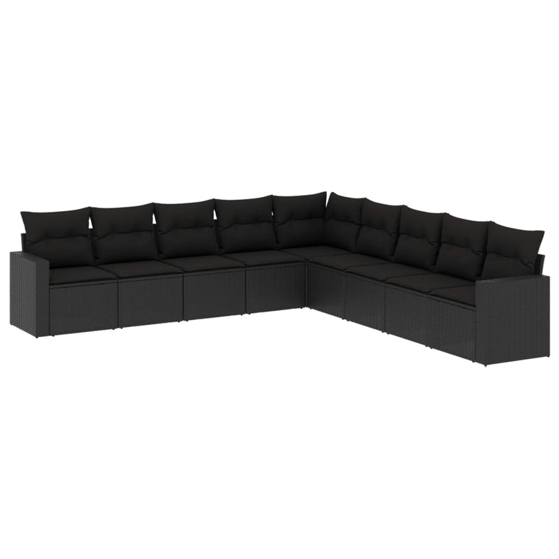 9-delige Loungeset met kussens poly rattan zwart