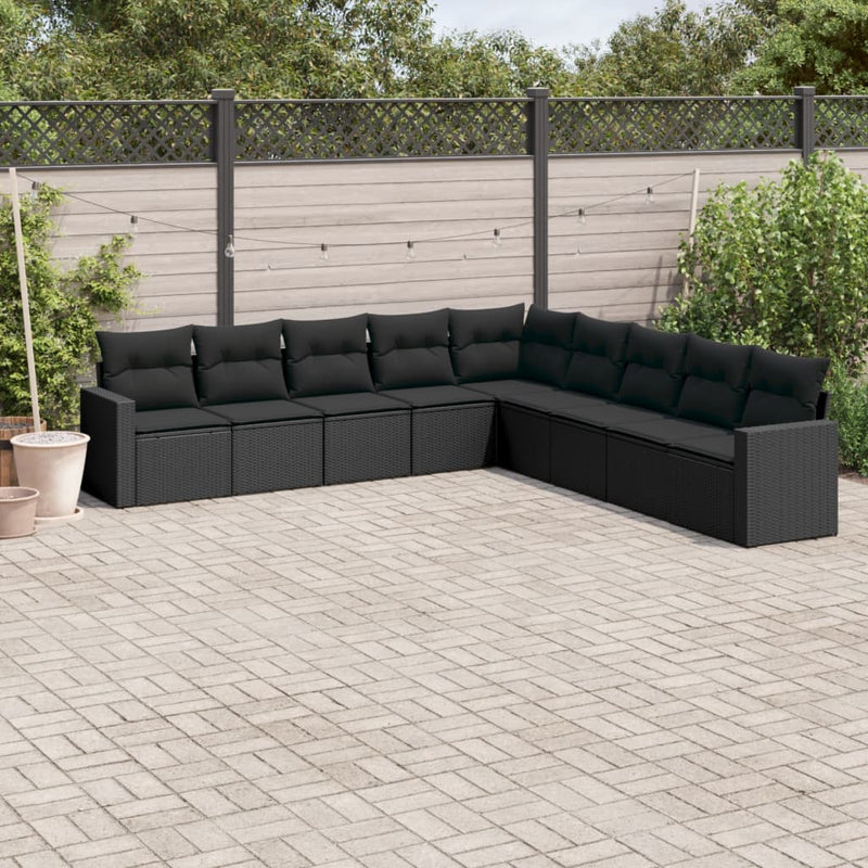 9-delige Loungeset met kussens poly rattan zwart