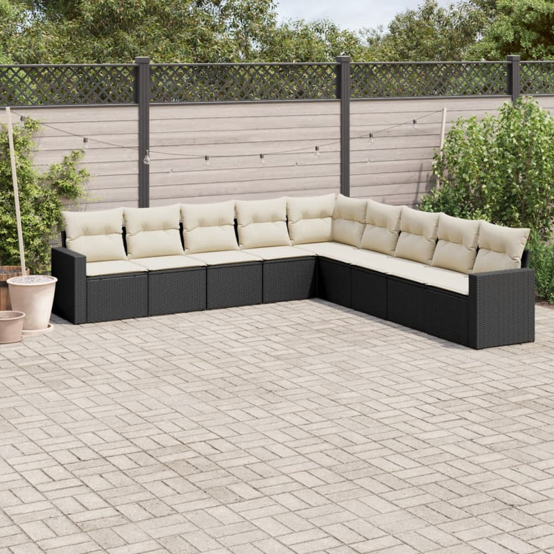 9-delige Loungeset met kussens poly rattan zwart