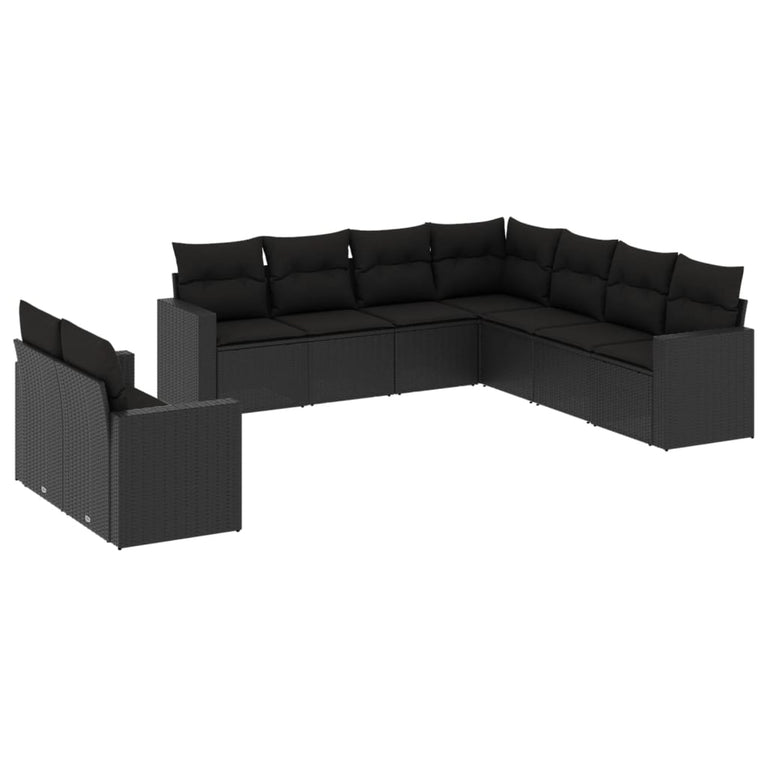 9-delige Loungeset met kussens poly rattan zwart