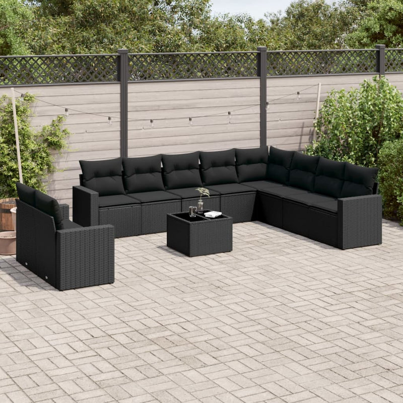 11-delige Loungeset met kussens poly rattan zwart