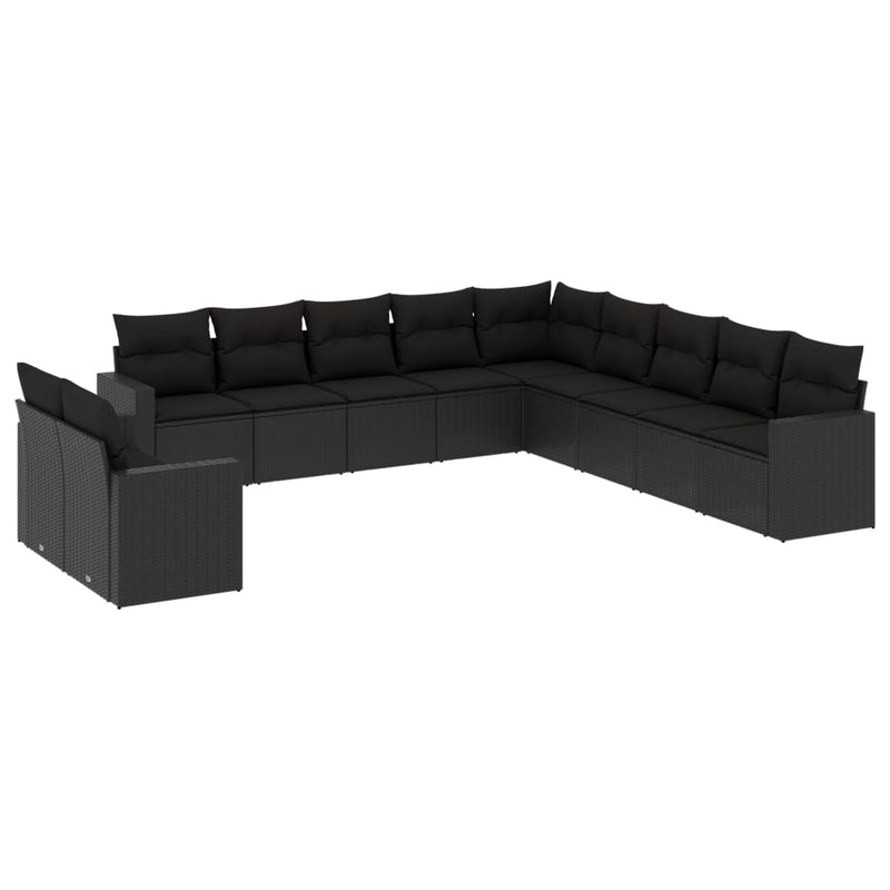 11-delige Loungeset met kussens poly rattan zwart