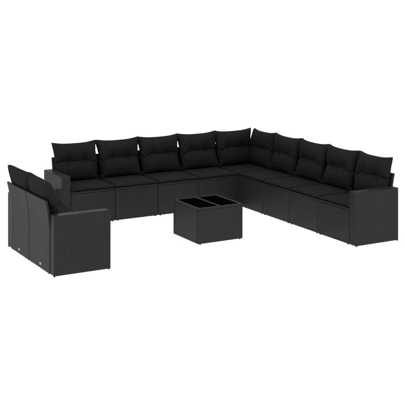 12-delige Loungeset met kussens poly rattan zwart