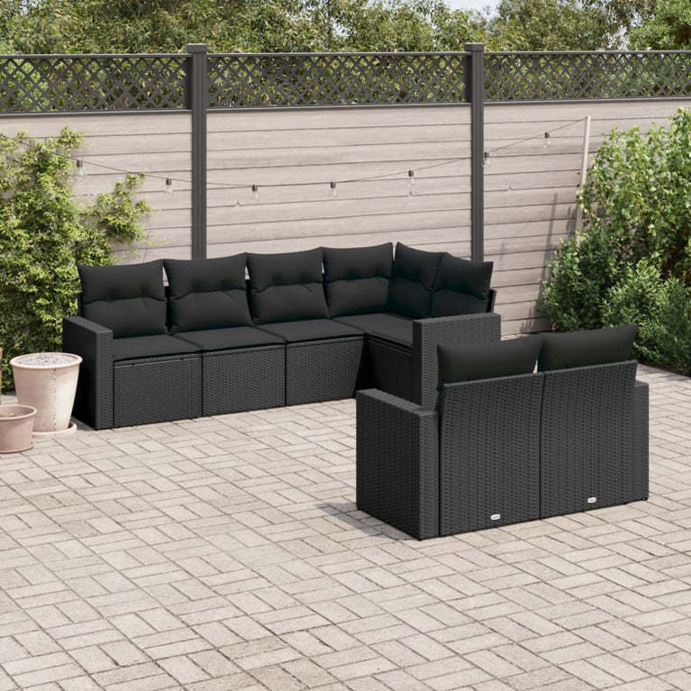 7-delige Loungeset met kussens poly rattan zwart