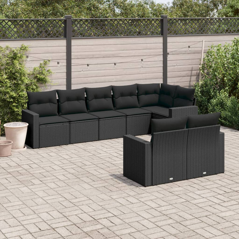 8-delige Loungeset met kussens poly rattan zwart