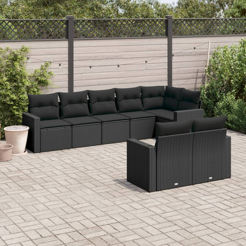 8-delige Loungeset met kussens poly rattan zwart