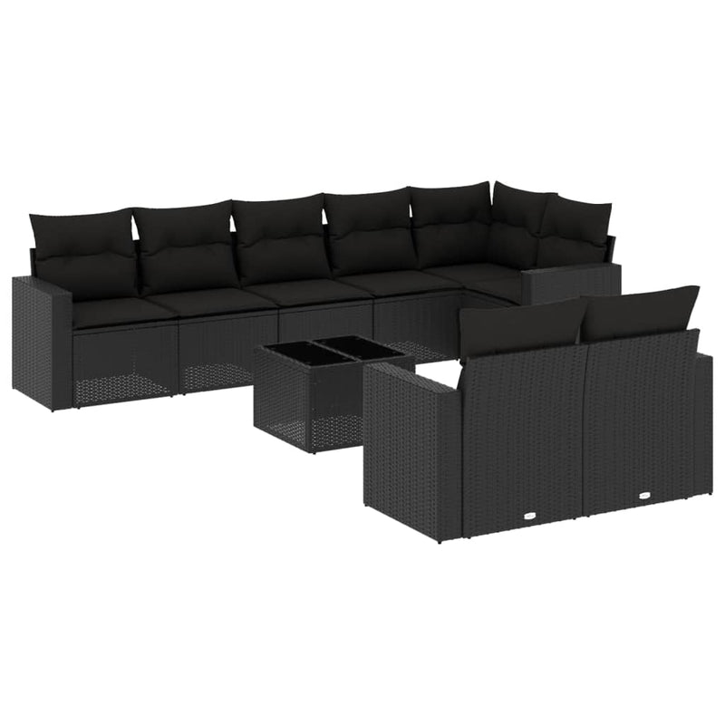 9-delige Loungeset met kussens poly rattan zwart