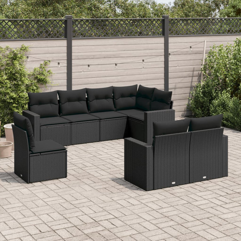8-delige Loungeset met kussens poly rattan zwart