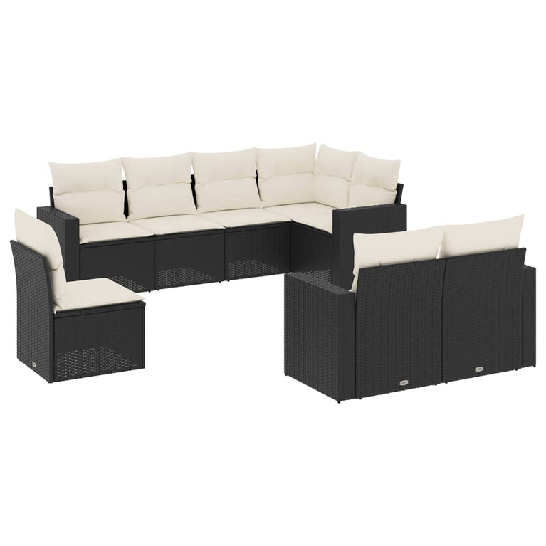 8-delige Loungeset met kussens poly rattan zwart