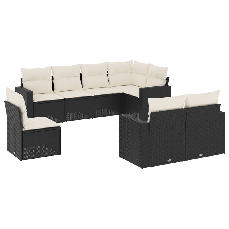 8-delige Loungeset met kussens poly rattan zwart