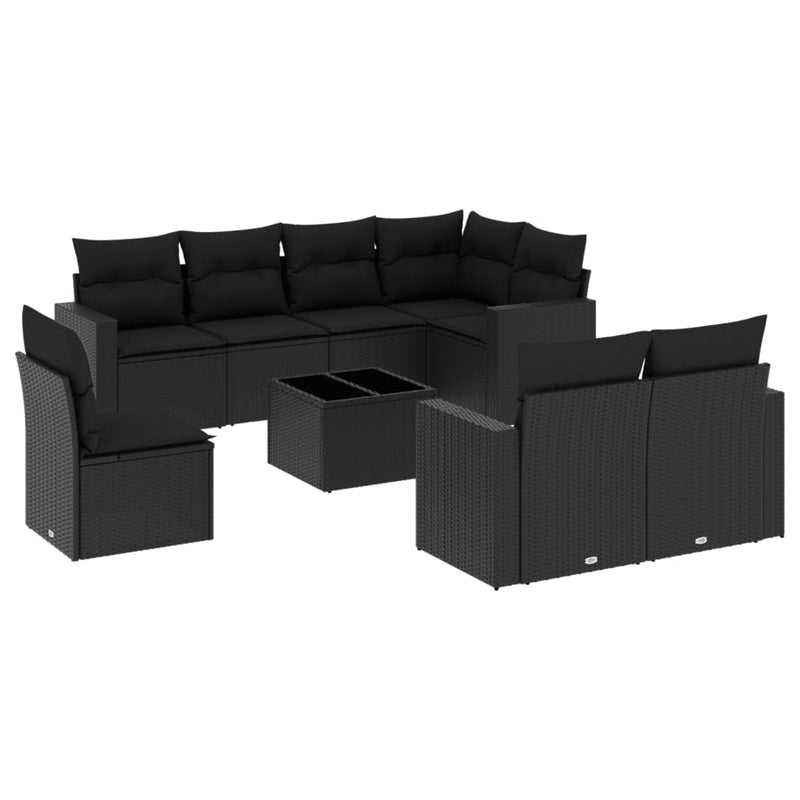 9-delige Loungeset met kussens poly rattan zwart