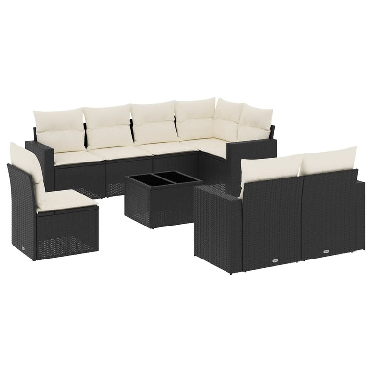 9-delige Loungeset met kussens poly rattan zwart