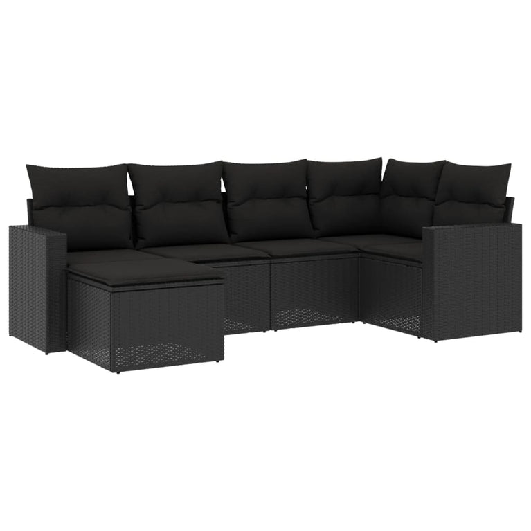6-delige Loungeset met kussens poly rattan zwart