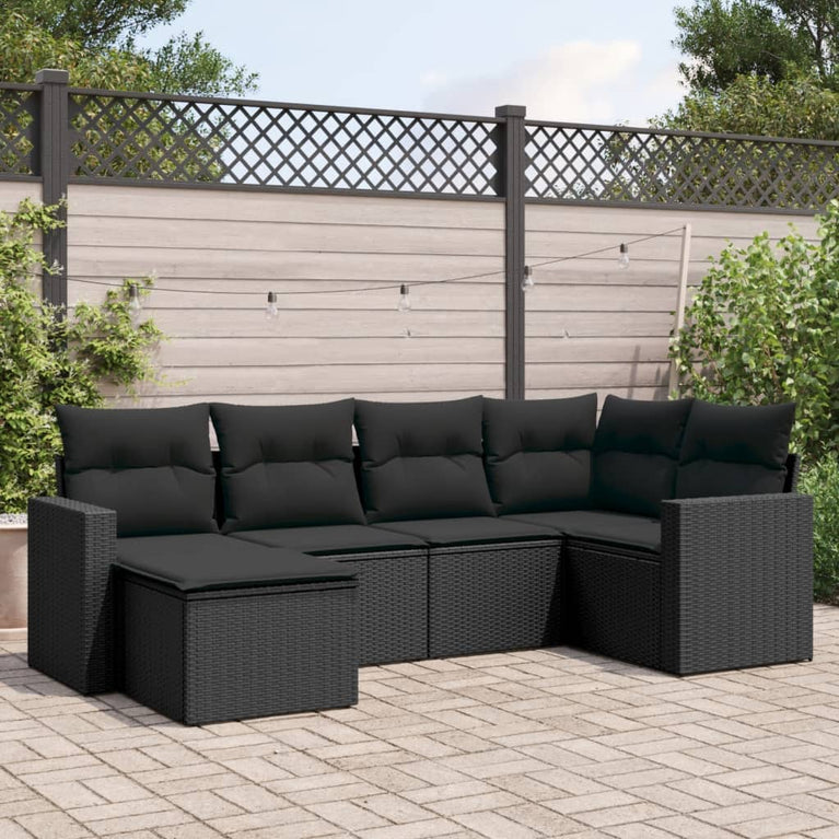 6-delige Loungeset met kussens poly rattan zwart