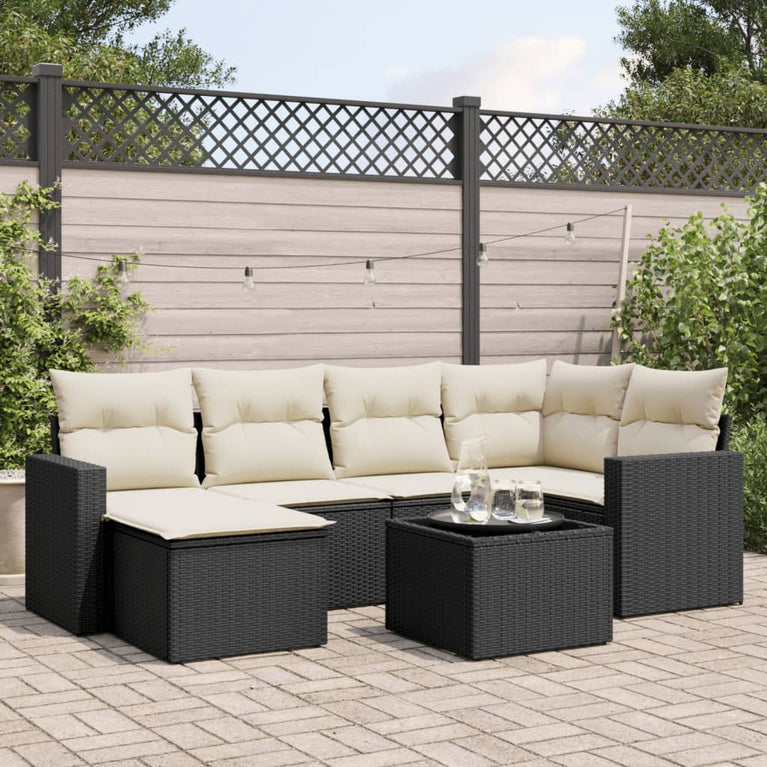 7-delige Loungeset met kussens poly rattan zwart
