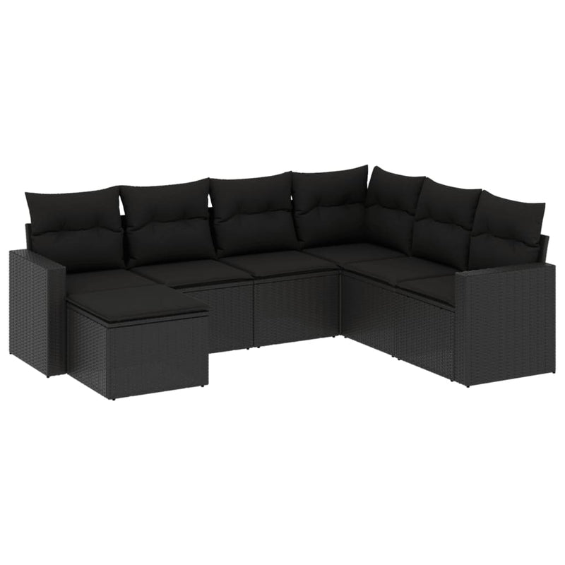 7-delige Loungeset met kussens poly rattan zwart