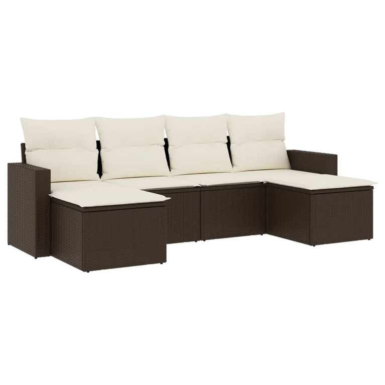 6-delige Loungeset met kussens poly rattan bruin