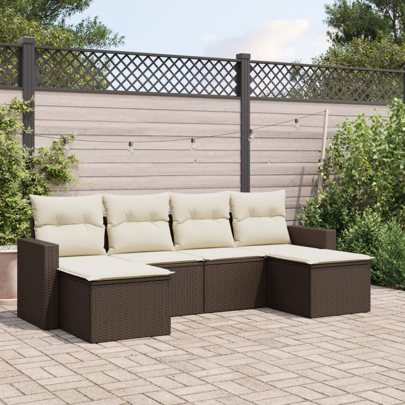 6-delige Loungeset met kussens poly rattan bruin