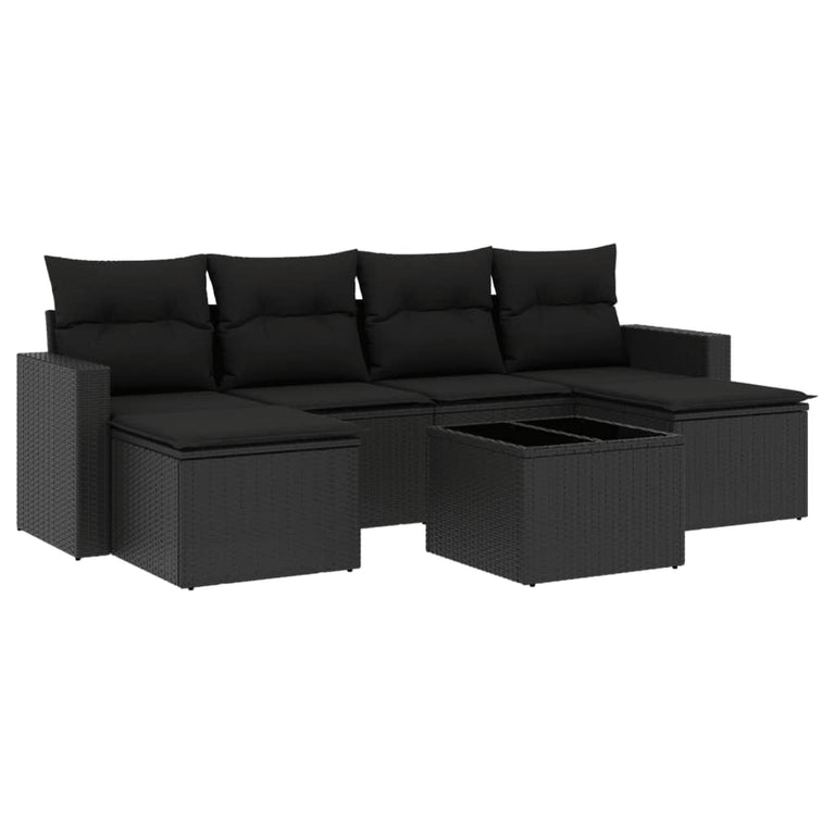 7-delige Loungeset met kussens poly rattan zwart