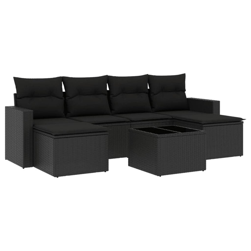 7-delige Loungeset met kussens poly rattan zwart