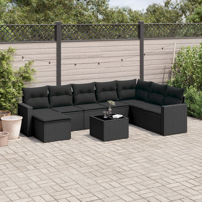 9-delige Loungeset met kussens poly rattan zwart