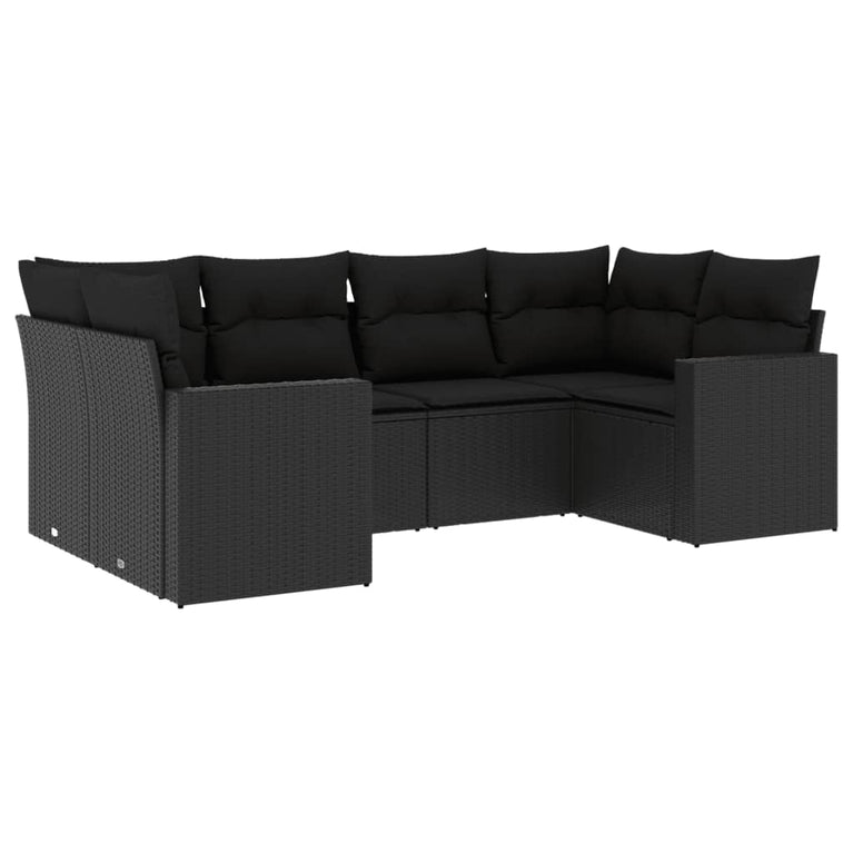 6-delige Loungeset met kussens poly rattan zwart