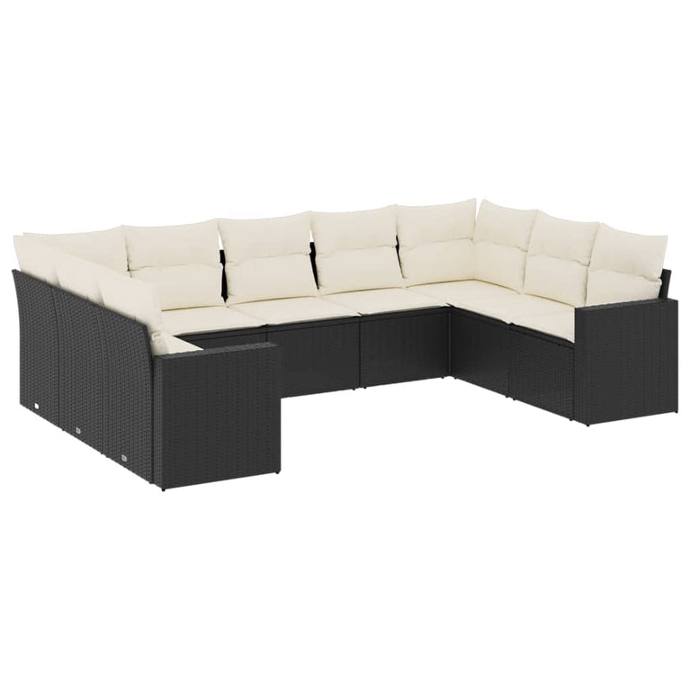 9-delige Loungeset met kussens poly rattan zwart