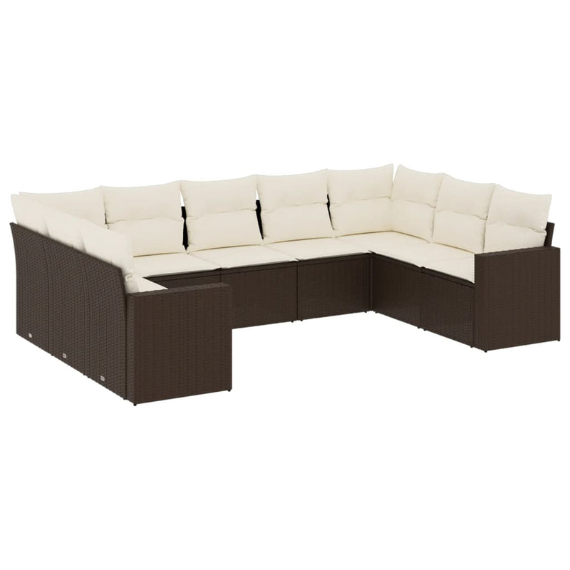 9-delige Loungeset met kussens poly rattan bruin