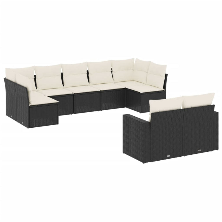9-delige Loungeset met kussens poly rattan zwart