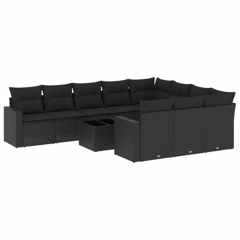 11-delige Loungeset met kussens poly rattan zwart