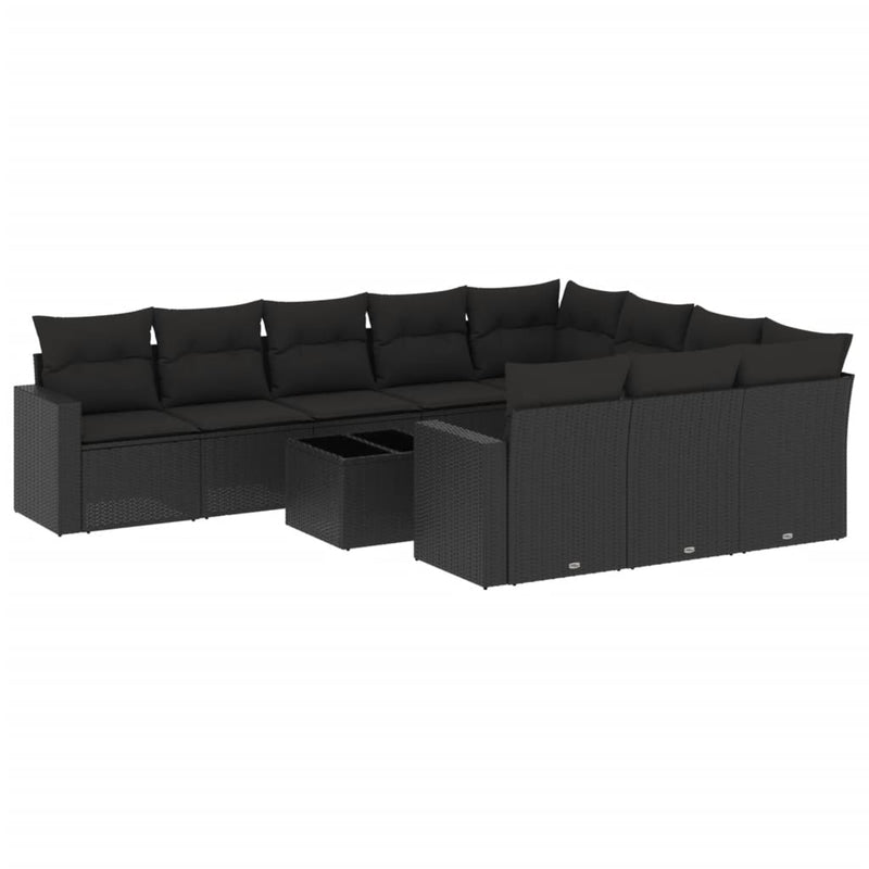 11-delige Loungeset met kussens poly rattan zwart