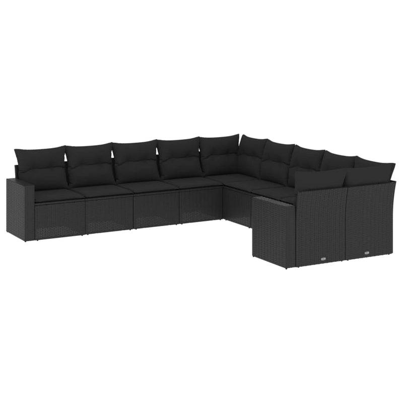 10-delige Loungeset met kussens poly rattan zwart