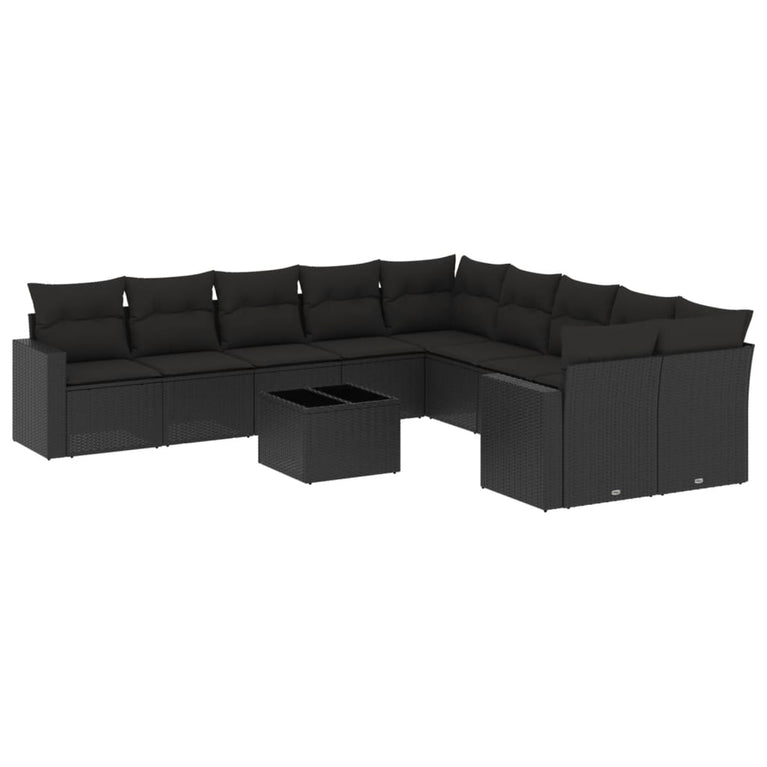 11-delige Loungeset met kussens poly rattan zwart
