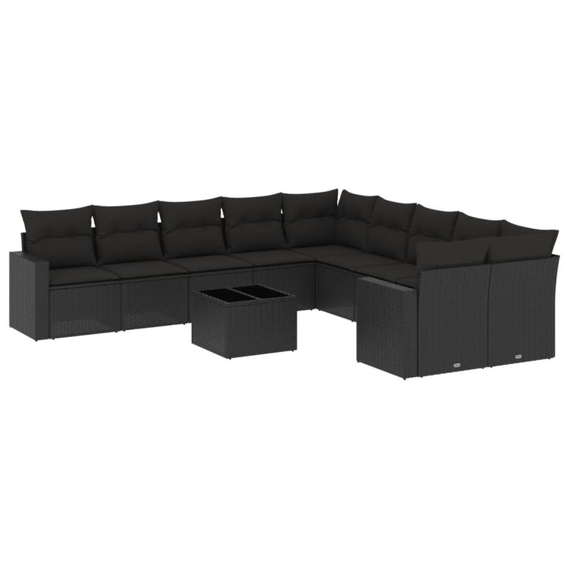 11-delige Loungeset met kussens poly rattan zwart