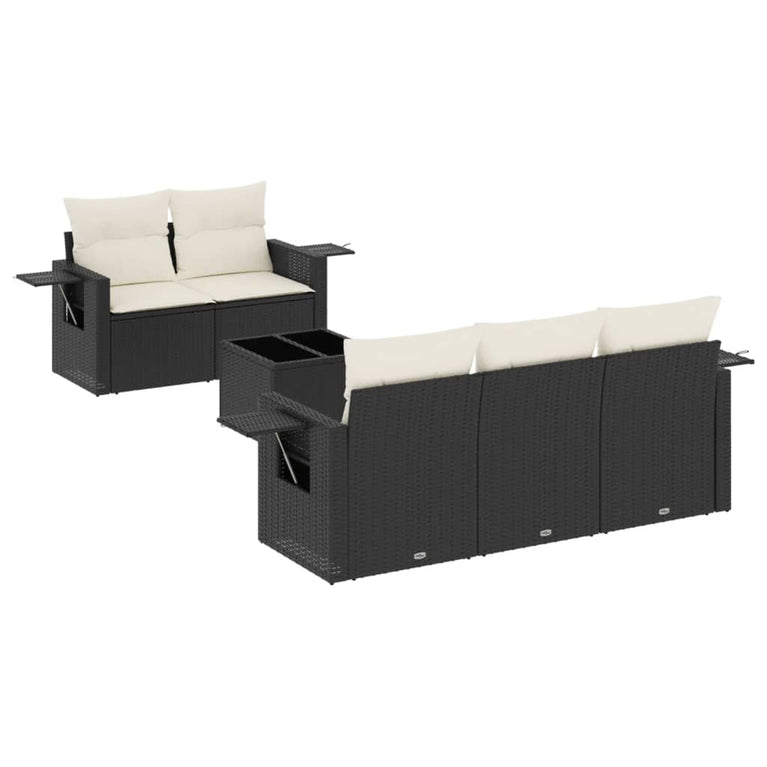 6-delige Loungeset met kussens poly rattan zwart