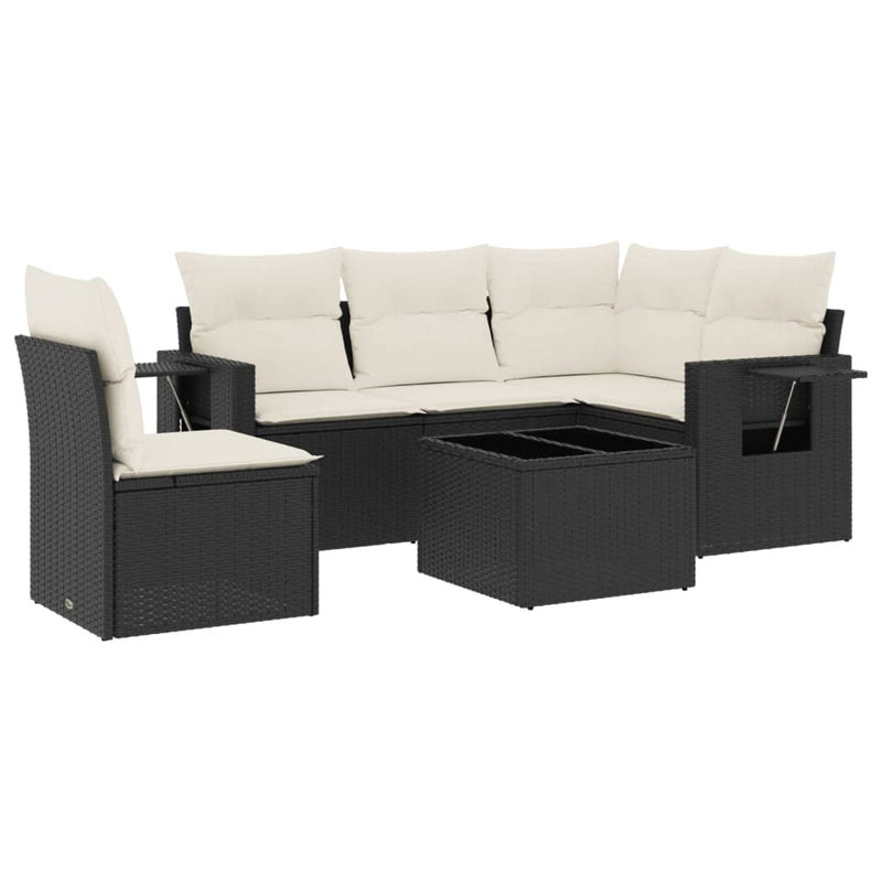 6-delige Loungeset met kussens poly rattan zwart
