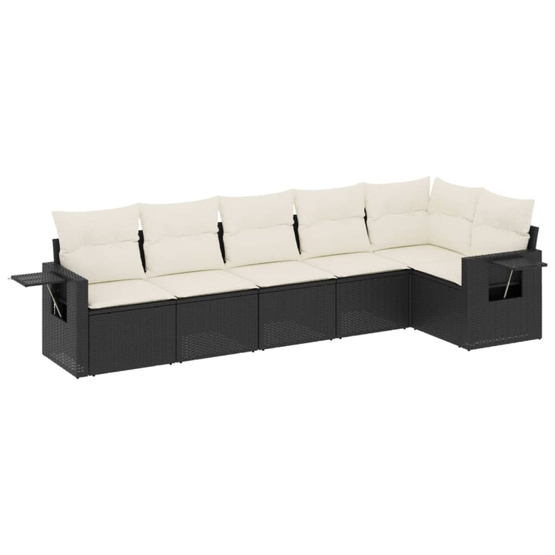 6-delige Loungeset met kussens poly rattan zwart