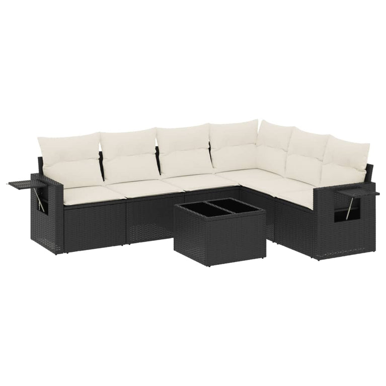 7-delige Loungeset met kussens poly rattan zwart