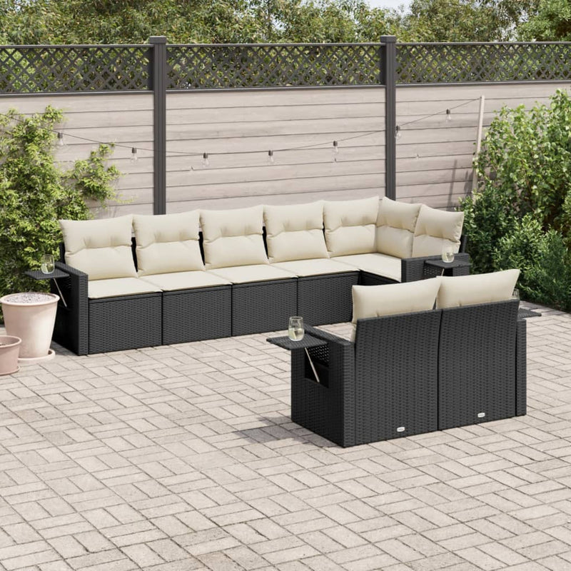 8-delige Loungeset met kussens poly rattan zwart