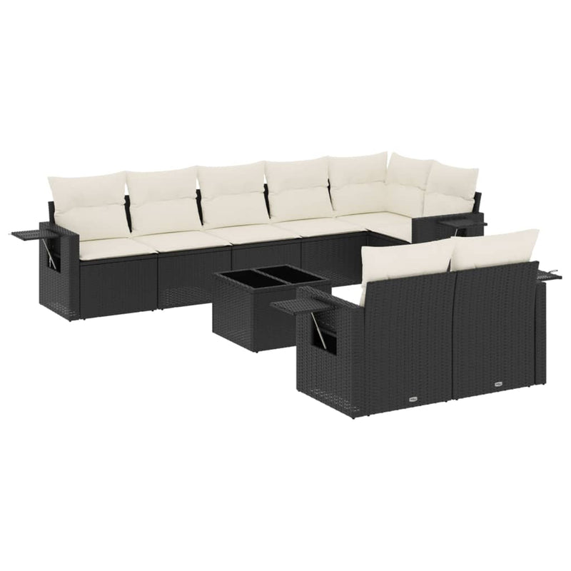 9-delige Loungeset met kussens poly rattan zwart