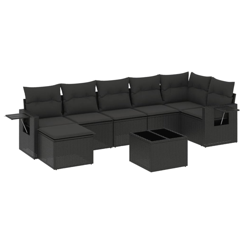 8-delige Loungeset met kussens poly rattan zwart