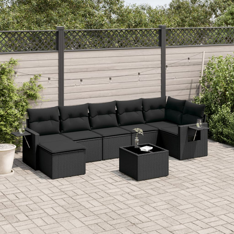 8-delige Loungeset met kussens poly rattan zwart