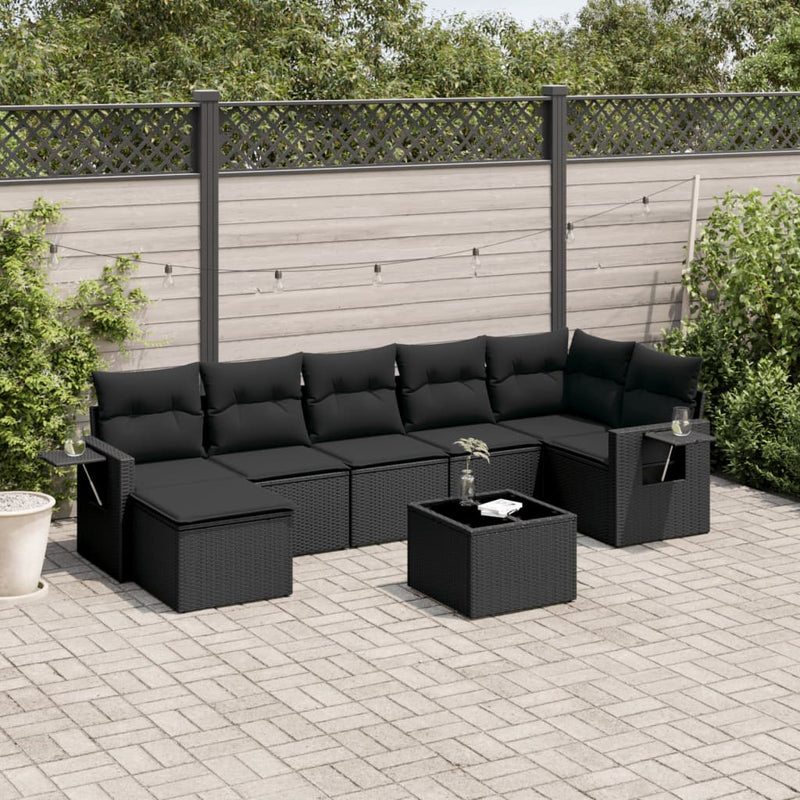 8-delige Loungeset met kussens poly rattan zwart