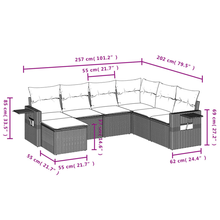 7-delige Loungeset met kussens poly rattan zwart