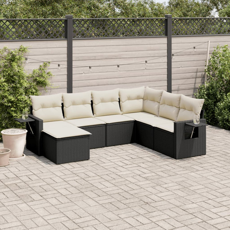 7-delige Loungeset met kussens poly rattan zwart